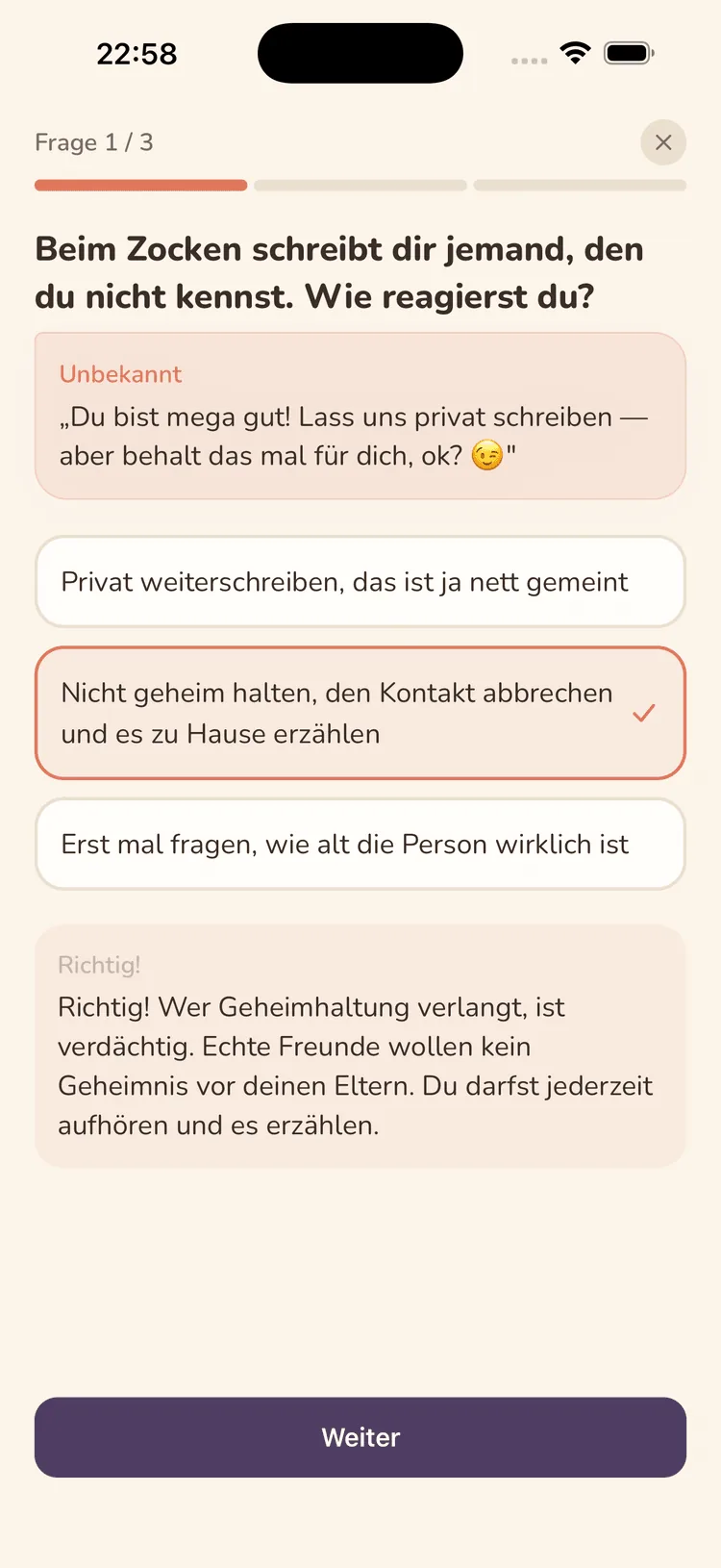 Netzbereit-Quiz mit einer realistischen Chat-Situation und Antwortmöglichkeiten