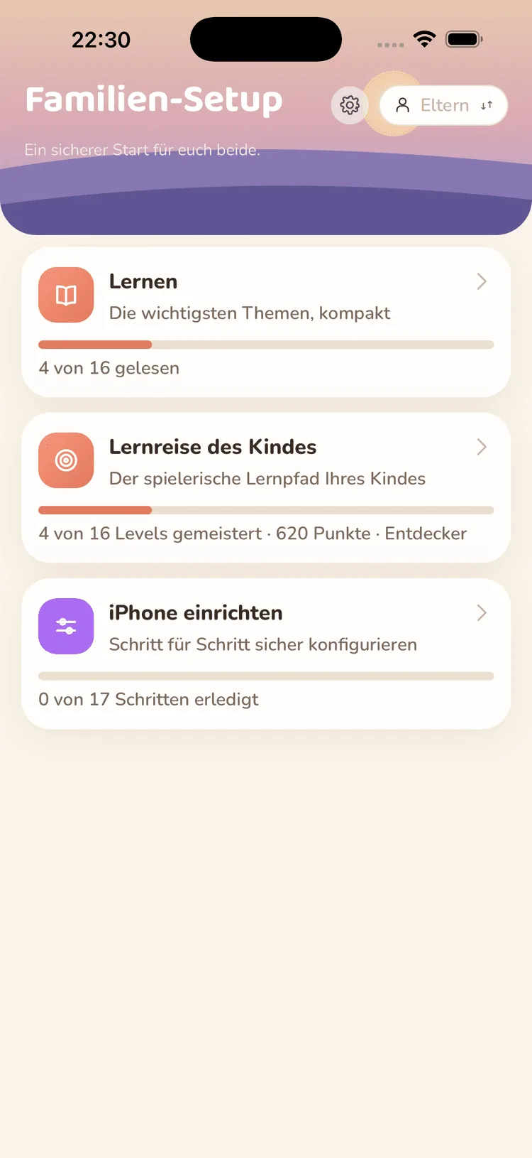 Netzbereit Eltern-Bereich mit Familien-Setup, Lernfortschritt und iPhone-Einrichtung