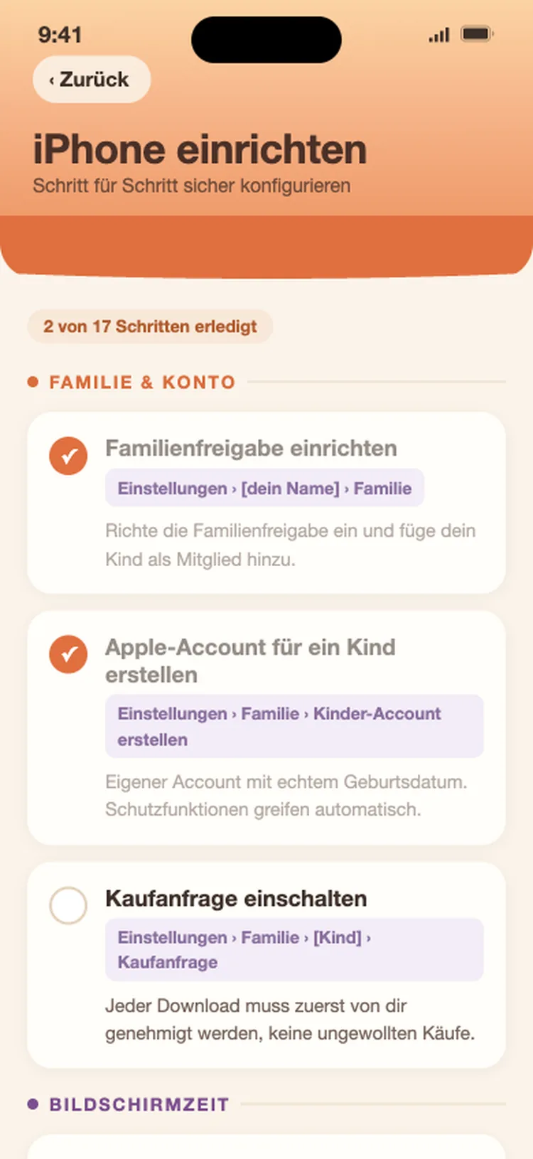 Netzbereit Elternmodus: iPhone-Einrichtungs-Checkliste mit abhakbaren Schritten und iOS-Pfaden